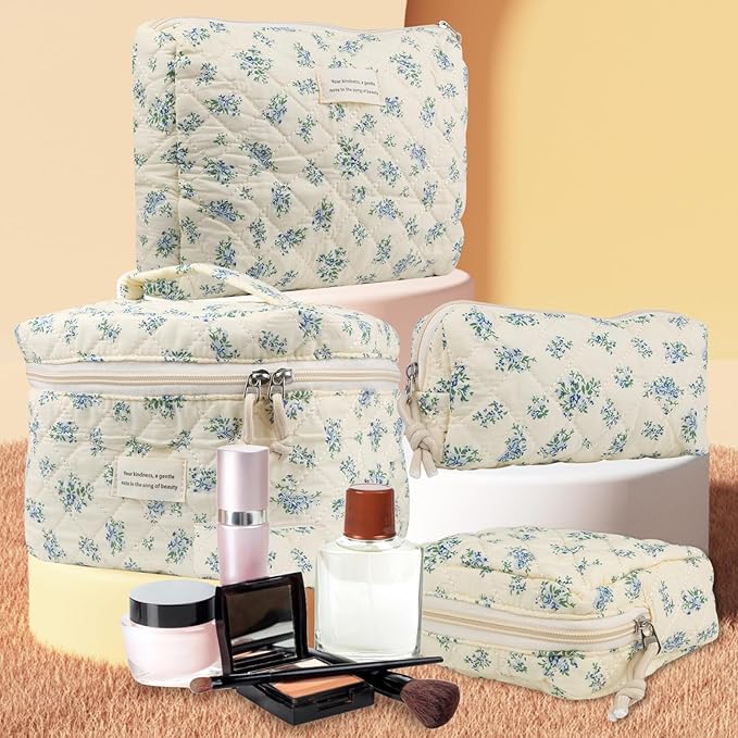 VIWIME Makeup Cosmetic Bag, Large Cotton Quilted Travel Coquette Aesthetic Cute Floral Make up Bag for Women Toiletry Bag Organizer(Blue Rose/4Pcs)