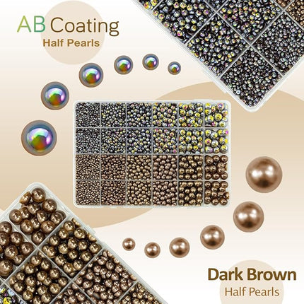 qiipii 2 Styles Solid Dark Brown+ Brown AB Flatback Pearls for Bedazzling Crafting 3mm-10mm Coffee Half Round Pearls Beads Gems Bedazzler Kit for Nails Face Eyes Makeup Tumblers Bottles DIY Crafts
