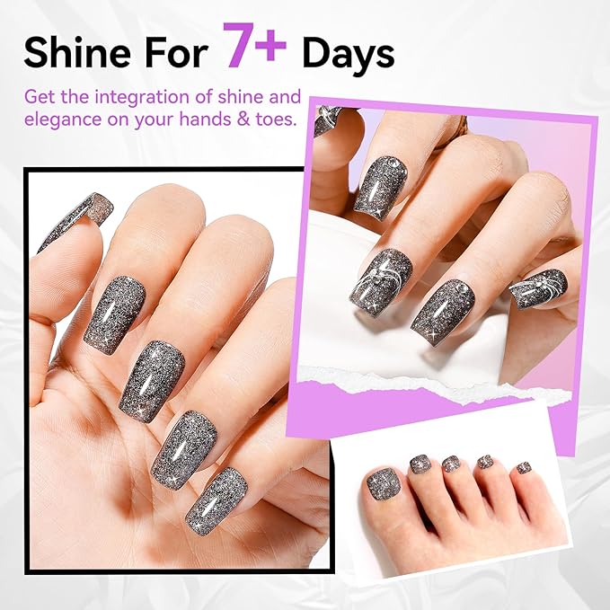 Black Glitter Nail Polish, Fast Air Drying Regular Nail Polish Rainbow Sparkly Shimmer Black Nail Lacquer, High Shine Toe Fingernail Polish, Nails Art Salon Manicure at Home Gift