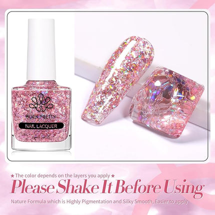 Born Pretty Holographic Nail Polish Rose Gold Glitter Sequins Nail Polish 10ML, Fast Drying Up to 7 Days of Wear, Sparkle Fingernail Polish for Women Girls