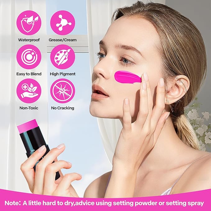 Go Ho Cream-Blendable Hot Pink Face Paint Stick (1.06 Oz),Full-coverage Body Paint for Adults Children Halloween Cosplay SFX Makeup,Waterproof Pink Eye Black Stick