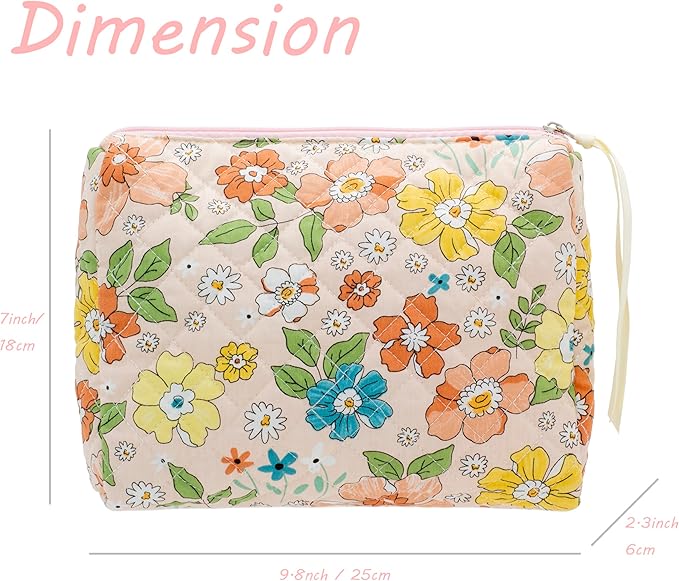 PAZIMIIK Quilted Makeup Bag Large Travel Zipper Soft Cosmetic Pouch for Women Girls Make Up,Floral Orange