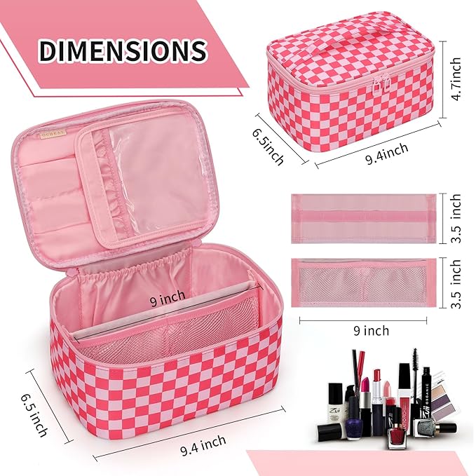 OCHEAL Makeup Bag Portable Cosmetic Bag For Women, Large Capacity Travel Makeup Case Organizer, Toiletry Bag for Girls Traveling With Handle and Divider-Pink