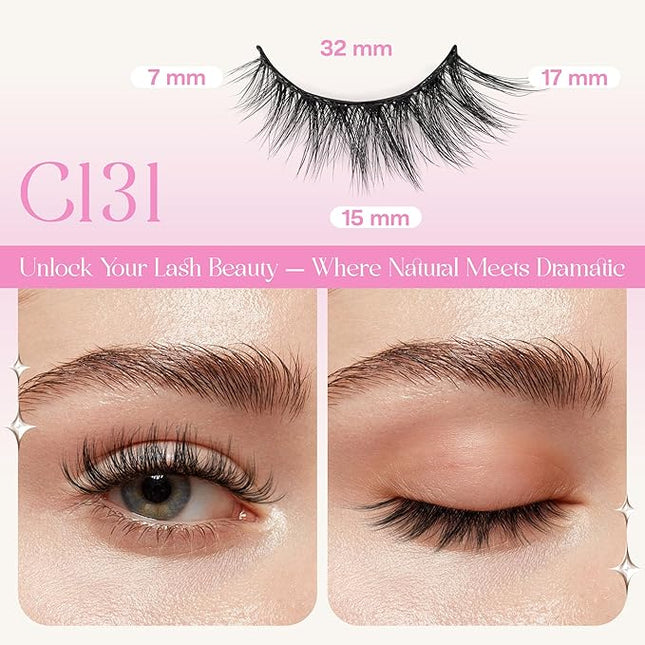 CALAILIS Self Adhesive Eyelashes 5 Pairs Natural Look Press On Lashes No Glue Need Eyelashes Reusable Cat Eye Wispy Self-adhesive False Lashes with Replacement Adhesive Strips (C131)