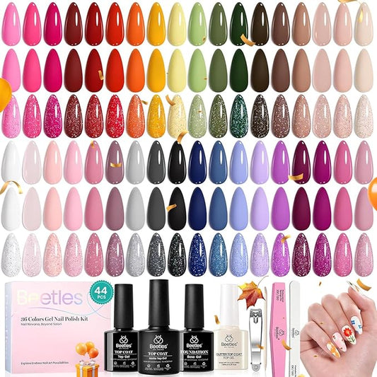 beetles Gel Polish 44pcs Fall Gel Nail Polish Set 36 Colors Brown Burgundy Red Blue Purple Orange Green Black Nude White with Base Coat Glossy Matte Glitter Top Coat Gifts for Women Colorful Muse