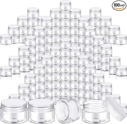 SATINIOR 100 Pcs Plastic Jars with Lids Small Containers Lids Wide Mouth Small Plastic Containers for Lotion Cream Rhinestones Body Butters Travel Storage(1 oz,Clear)