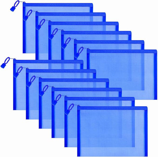 12 Pieces Zipper Nylon Mesh Pouch, Mesh Cosmetic Bags Makeup Bags Pencil Case, Multipurpose Travel Bags for Cosmetic School Office Supplies and Travel Accessories (Blue, A5) (WB06)
