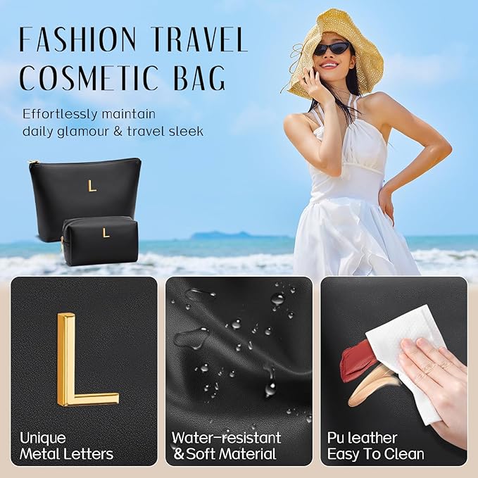 Women Gifts | Initial Makeup Bag Set for Girl Personalized Gifts for Bridesmaid Friend Graduation Teachers PU Leather Cosmetic Travel Toiletry Bag(Black,L)