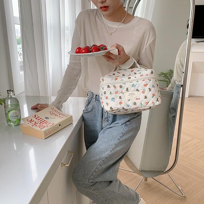 VIWIME Makeup Cosmetic Bag, Large Cotton Quilted Travel Coquette Aesthetic Cute Floral Make up Bag for Women Toiletry Bag Organizer(Bear/2Pcs)