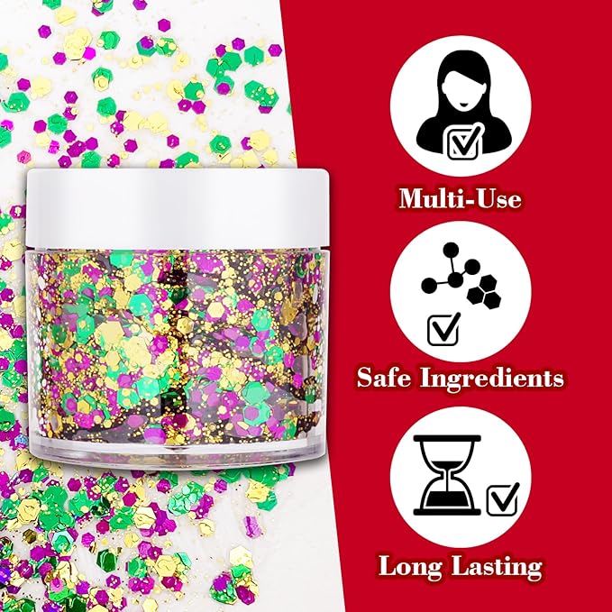 Mardi Gras Accessories Gold Face Glitter,Green Purple Gold Mixed Holographic Body Glitter Glitter,Festival Sequins for Face and Body, New Orleans Decorative Carnival Decorations