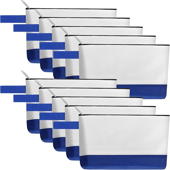10 Pieces Cotton Canvas Makeup Bag with Bottom and Strap, Multi-Purpose Cosmetic Bag with Zipper Travel Toiletry Pouch, Blank DIY Craft Bag (White&Blue, M)