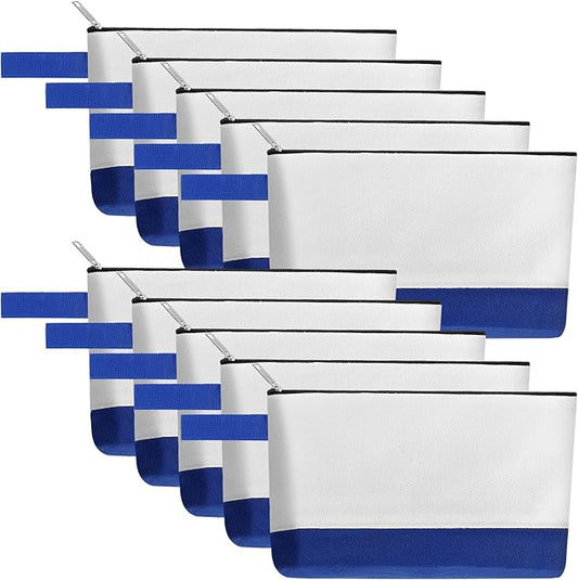 10 Pieces Cotton Canvas Makeup Bag with Bottom and Strap, Multi-Purpose Cosmetic Bag with Zipper Travel Toiletry Pouch, Blank DIY Craft Bag (White&Blue, M)