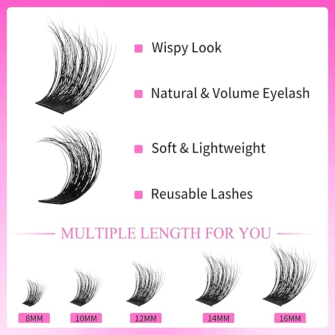 VEYESBEAUTY Lash Clusters Fluffy Individual Lash Extensions Xtreme 3D Layered Volume Eyelashes Thin & Invisible Band Wispy Faux Mink Lash Newbie's Five-Second Mixed Length 10-18mm