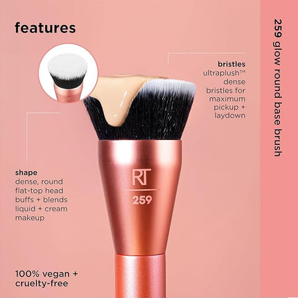 Real Techniques Glow Round Base Makeup Brush, For Liquid & Cream Makeup, Flat Top Foundation Brush For Buffing & Blending Up Coverage, Dense, Synthetic Bristles, Vegan & Cruelty Free, 1 Count