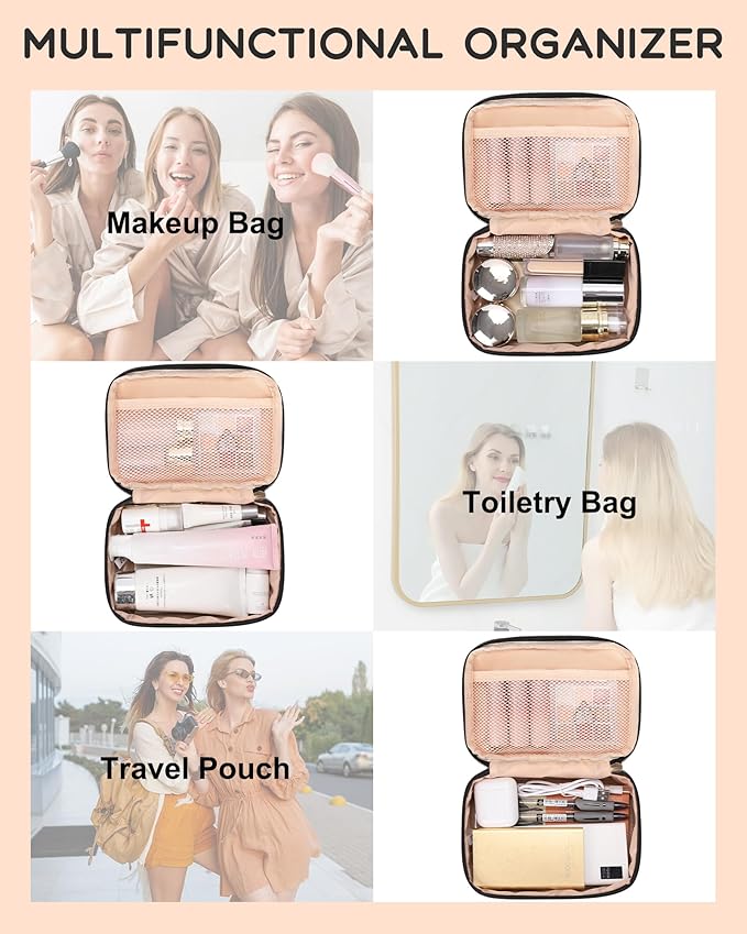 Relavel Small Makeup Bag, Travel Cosmetic Bag with Makeup Brush Compartment, Cute Make Up Pouch for Women, Double Layer Toiletry Organizer for Short Trip, Office - Black