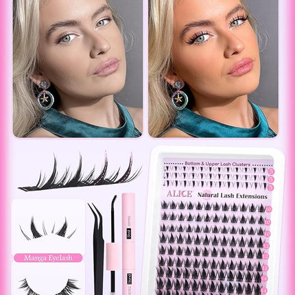 ALICE Manga Lash Clusters Kit Clear Band Natural Lash Extensions Kit 5-14mm Wispy Cluster Eyelash Extension Kit DIY Invisible Band Individual Cluster Lashes with Spiky Bottom Lashes Bond and Seal
