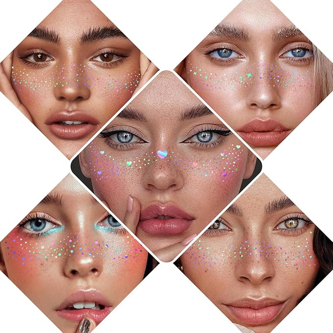 10 pcs Holographic Multichrome Glitter Freckles Face Tattoo, Waterproof Sparkle Face Glitter Speckles Patches for Women, Glitter Temporary Tattoo for Rave (10PCSA Holographic Multicolor)