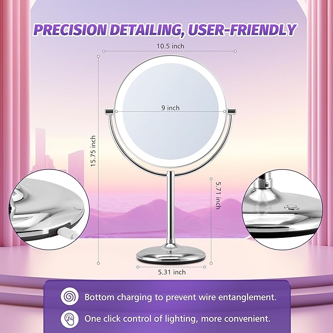 9" Makeup Mirror with Lights: 1X/15X Lighted Makeup Mirror with Magnification, True HD Magnifying Mirror with 3 Color Lights, 360°Rotation Double Sided Desk Mirror, Base Charging & Touch Switch,Chrome