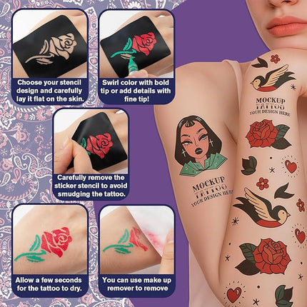 Water Resistant Face Paint Tattoo Pen - 18Pcs Temporary Tattoo Markers for Skin Dual-End Visible Capacity Henna Body Tattoo Kit, Body Painting Kit, Teen Girl Gifts Trendy Stuff for Teenage Adults