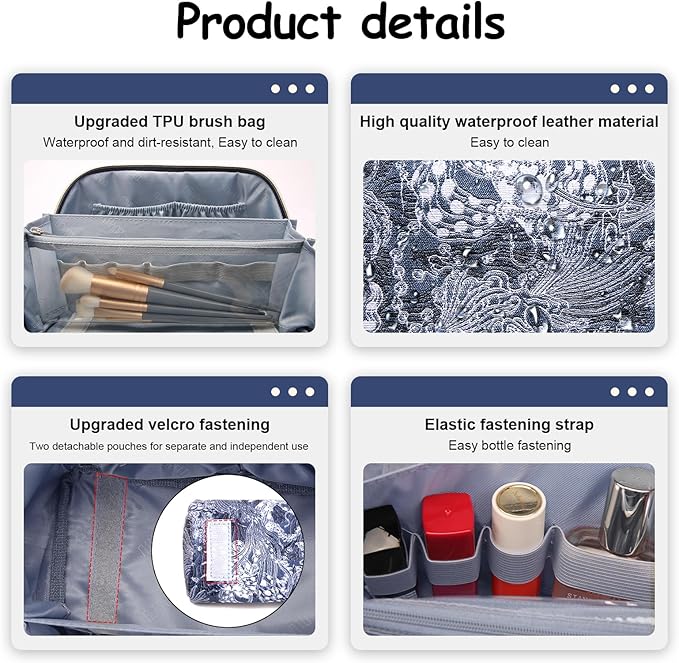 BOYATU Travel Makeup Bag for Women: Large Capacity Make up Bag with Compartments - Vegan Leather Cosmetic Bag set of 3 - Waterproof Toiletry Bag with Handle & Divider(D-03Blue)