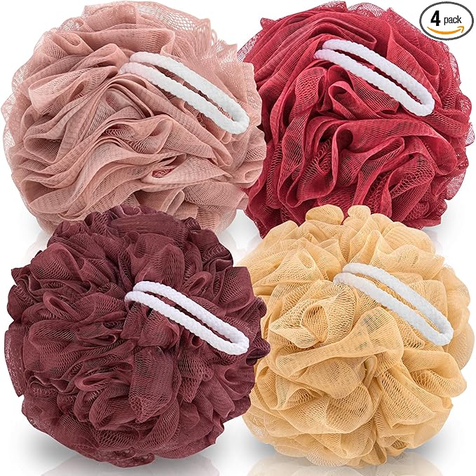 Loofah Sponge XXL-100g 4 Pack, Bath Sponge Soft Mesh Shower Puff Loofah for Men, Exfoliating Body Scrubber for Women, Shower Accessories (Cherry Red)