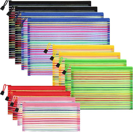 12 Pieces Zipper Nylon Mesh Pouch, Mesh Cosmetic Bags Makeup Bags Pencil Case, Multipurpose Travel Bags for Cosmetic School Office Supplies and Travel Accessories (Multicolor A, Assorted Sizes)