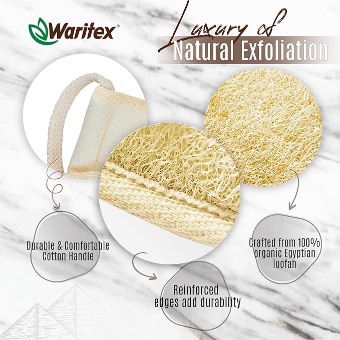 Natural Egyptian Loofah Back Scrubber for Shower, Extra-Long Exfoliating Strap Made with Natural Egyptian Loofah Fibers, Deep Cleaning Body Sponge for Men and Women – Soft Cotton Handles