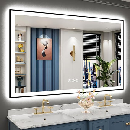 60"x38" Black Framed LED Bathroom Mirror with Lights, Backlit & Front Lit, Anti-Fog Lighted Vanity Mirrors for Bathroom Wall, Dimmable, 3 Colors, Memory, Shatter-Proof, Tempered Glass, CRI＞90