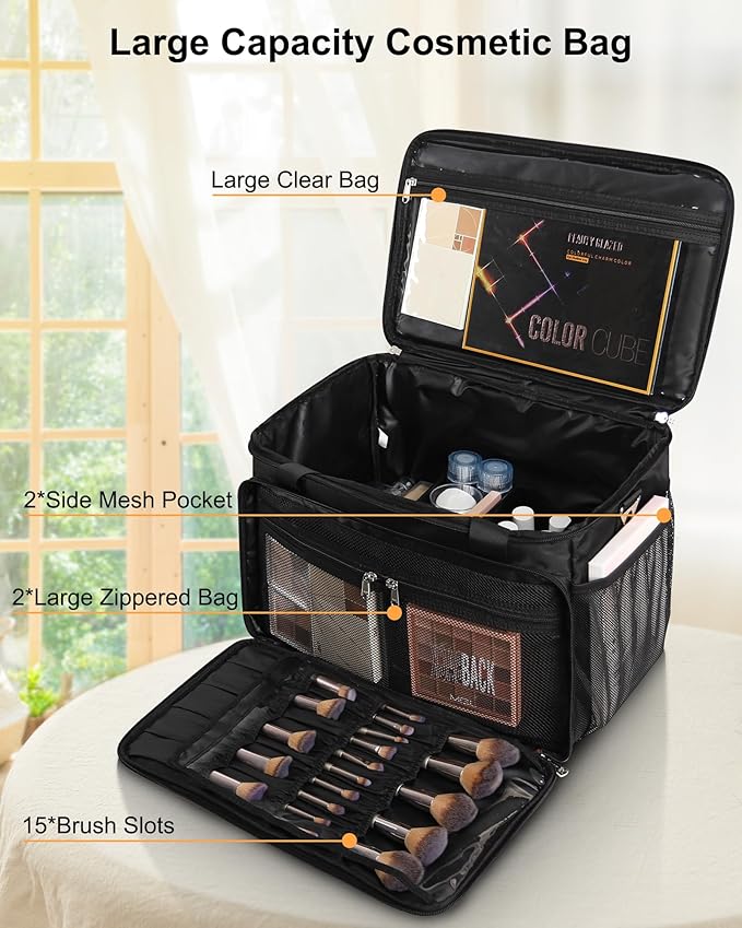 Extra Large Makeup Bag Travel Makeup Case Professional Makeup Artist Bag with 4 Clear Pouches Hairstylist Cosmetic Bag with Detachable Dividers and Shoulder Straps