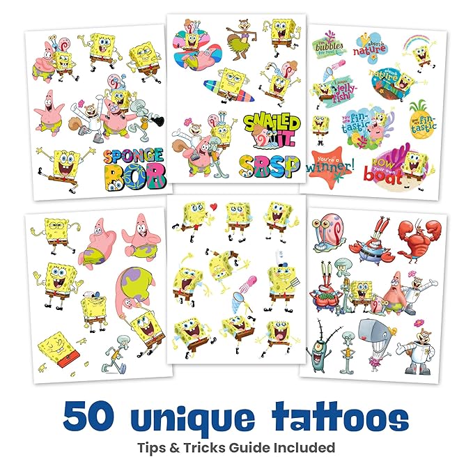 Savvi - 50 SpongeBob Temporary Tattoos: Skin-Safe Ink, Great for Birthday Parties, Gifts for Boys and Girls Ages 4-12+, Made in the USA [6 sheets, 50 count]