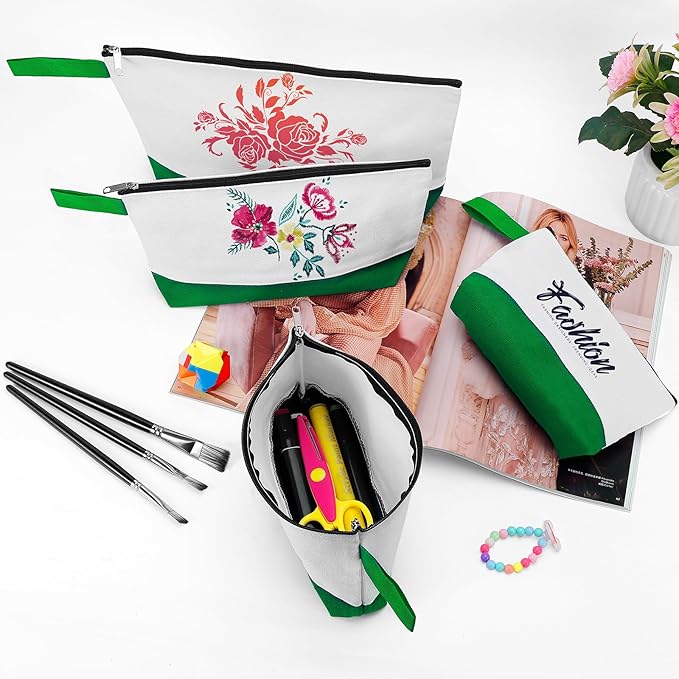10 Pieces Cotton Canvas Makeup Bag with Bottom and Strap, Multi-Purpose Cosmetic Bag with Zipper Travel Toiletry Pouch, Blank DIY Craft Bag (White&Green, L)