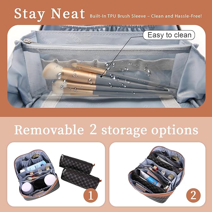 BOYATU Travel Makeup Bag Cosmetic Bags for Women: 3 Pcs Set Large Portable Make up Bag with Handle - Vegan Leather Toiletry Bags with Compartments - Makeup Organizer for Travel Essentials(01-Black)