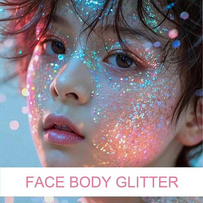 Body Glitter Gel - Sparkly Chunky Glitter Hair for Kids Women, Iridescent Glitter Freckles, Halloween Christmas Singer Concert Festival Rave Accessories (Mermaid Glitter)