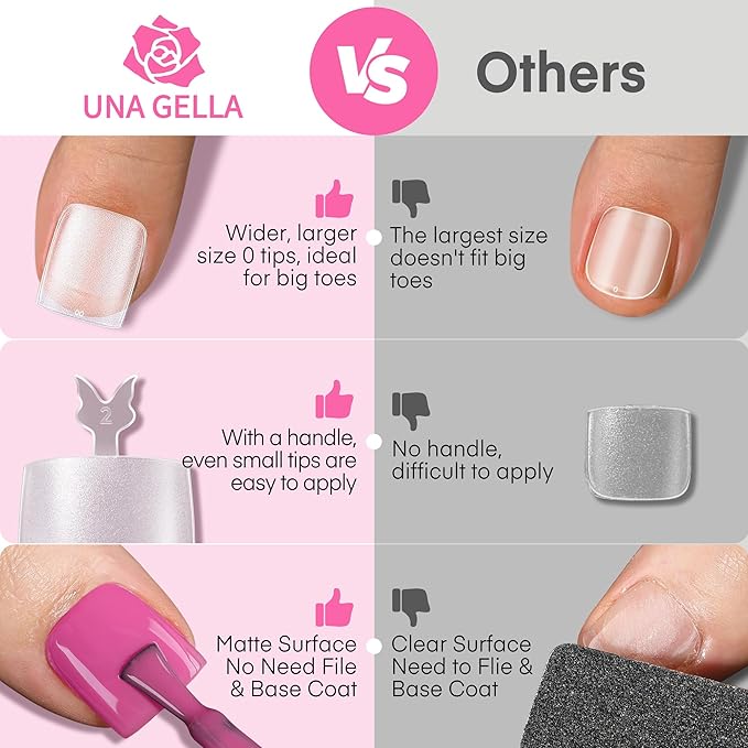 UNA GELLA Square Toe Nail Tips For Big Toe, 504Pcs 15Sizes Soft Gel Full Cover Toe Nail Tip Pre-buff Fake Acrylic Toe Nail Press Ons Soak Off Pedicure For Nail Extensions Home DIY Nail Salon