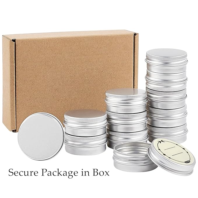 TUZAZO 24Pack 1/2 Oz Aluminum Tin Cans with Screw Lid and Labels, Refillable Travel Sized Cosmetic Containers Small Tins for Lip Balms, Salves, Lotion Bars, Candles