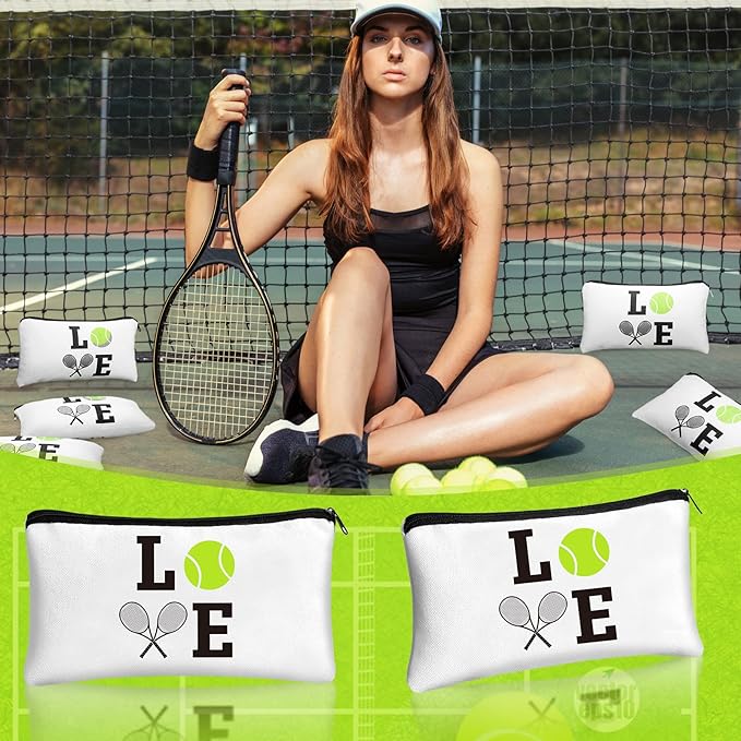 Moukeren 12 Pieces Tennis Makeup Bag Cosmetic Bag Travel Portable Storage Toiletry Case Accessories with Zippers Tennis Gifts for Lovers Players Teams Women Girls(White)