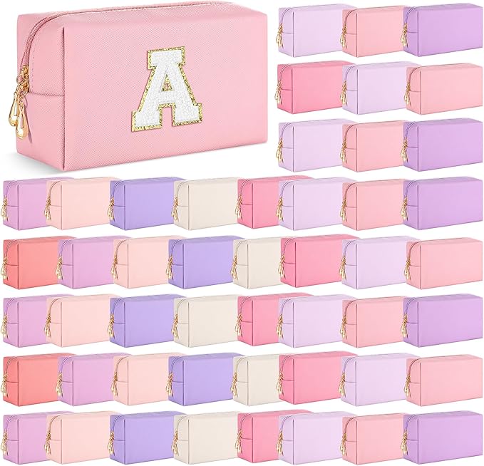 Cunno 50 Pcs Makeup Bag Bulk PU Leather DIY Cosmetic Plain Preppy Makeup Pouch Portable Waterproof Toiletry Bags for Women Travel Pencil Case Cosmetic Organizer (Pink Purple)