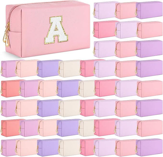 Cunno 50 Pcs Makeup Bag Bulk PU Leather DIY Cosmetic Plain Preppy Makeup Pouch Portable Waterproof Toiletry Bags for Women Travel Pencil Case Cosmetic Organizer (Pink Purple)