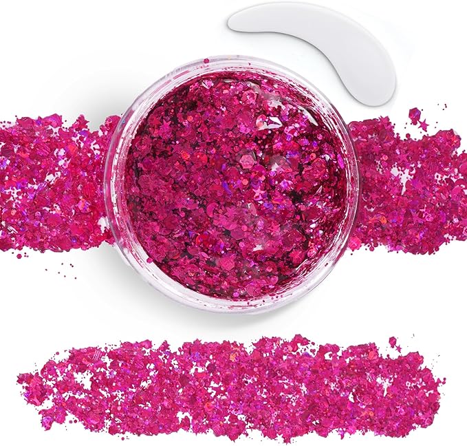 Pink Body Glitter Gel,Halloween Hot Pink Face Glitter,Singer Concert Outfits Face Hair Glitter Makeup, Music Festival Rave Accessories, Chunky Glitter Mermaid Sequins, Sparkling Face Paint for Women