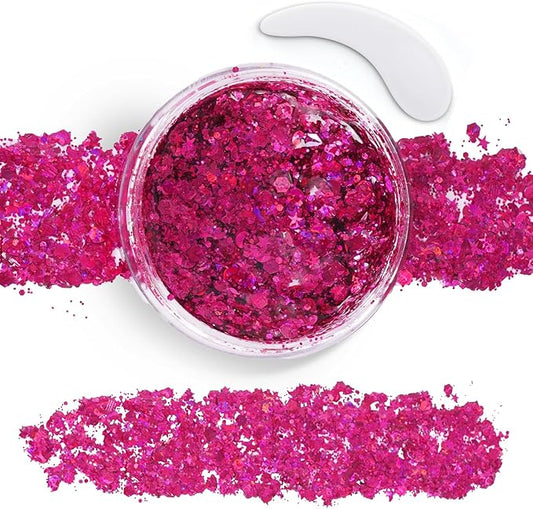 Pink Body Glitter Gel,Halloween Hot Pink Face Glitter,Singer Concert Outfits Face Hair Glitter Makeup, Music Festival Rave Accessories, Chunky Glitter Mermaid Sequins, Sparkling Face Paint for Women