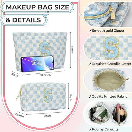2PCS Checkered Makeup Bag for Women Personalized Initial Letter Makeup Bag Travel Toiletry Bag Organizer Cute Makeup Brushes Storage Bag Mother's Day Birthday Gift for Women (Blue S)