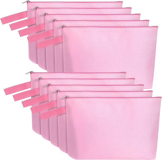 10 Pieces Cotton Canvas Makeup Bag with Bottom and Strap, Multi-Purpose Cosmetic Bag with Zipper Travel Toiletry Pouch, Blank DIY Craft Bag (Pink, L)