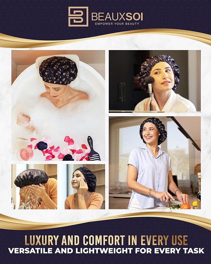 Luxury Reusable Shower Cap for Women - Satin Lined, Adjustable & Waterproof - Keeps Hair Dry- Durable Hair Bonnet by BEAUXSOI (Fleur de Nuit) - Floral design