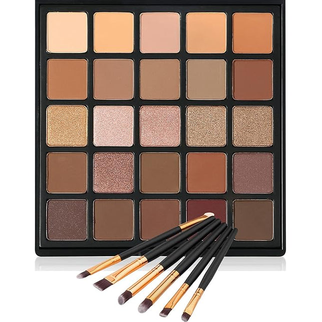 Vodisa Nude Neutral Eyeshadow Palette, Matte and Shimmer Eye Shadows Long Lasting Blendable Eyeshadow with Makeup Brushes Set Warm Brown Waterproof High Pigment Powder Pallet 25B