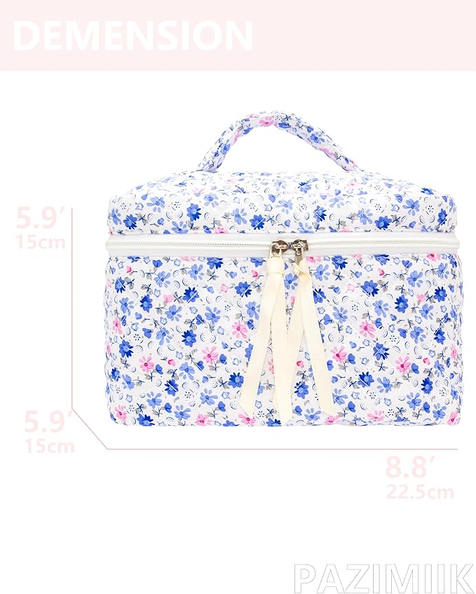 PAZIMIIK Quilted Makeup Bag Large Travel Zipper Soft Cosmetic Case for Women Girls Make Up,Floral Blue