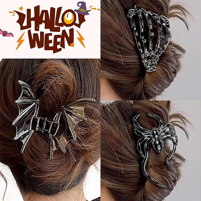 3Pcs Halloween Hair Claw Clips Bat Spider Hand Skeleton Design For Women And Girls,Metal Large Medium Size For Thick Thin Hair,Black Gun Headband Barrette For Styling Hair Accessories Party Gift
