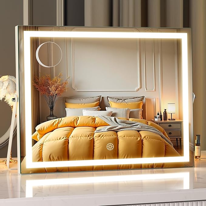 MINISO Vanity Mirror with Lights, 17.7" x 14" LED Makeup Mirror, Light & Brightness Adjustment, Smart Sensor, 360°Rotation, Aluminum Alloy Metal White Frame, with 5X Magnifying Glass