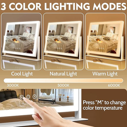 ROLOVE Lighted Makeup Mirror 16.3"x12.6", Hollywood Vanity Mirror with 10X Magnifier, 3 Color LED Lighting Modes, Smart Touch Control & 360° Rotation, Tabletop Makeup Mirror (White, Gift Ready)