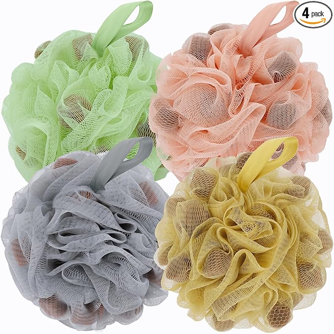 Bath Loofah Shower Sponge Body Back Scrubber Soft Mesh Shower Puffs Exfoliating Loofa for Women & Men Bath Accessories Cleaning Tool (4Pcs 60G Shower Puffs, Luxury)
