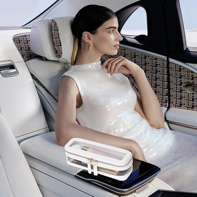 Pinkmik Makeup Brush Case Clear Travel Cosmetic & Toiletry Bag Slim Makeup Bag with Zipper Small Purse Organizer Car Essential Bag for Women (White, SLIM-1)